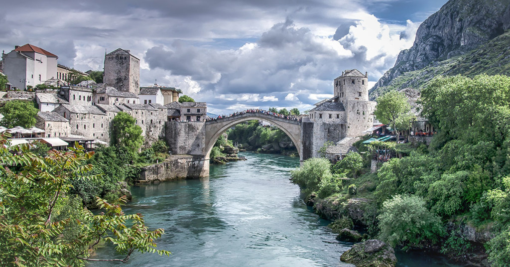 Mostar, Bosnia Herzagovina - May 1, 2014: Mostar river and bridge running through Mostar village